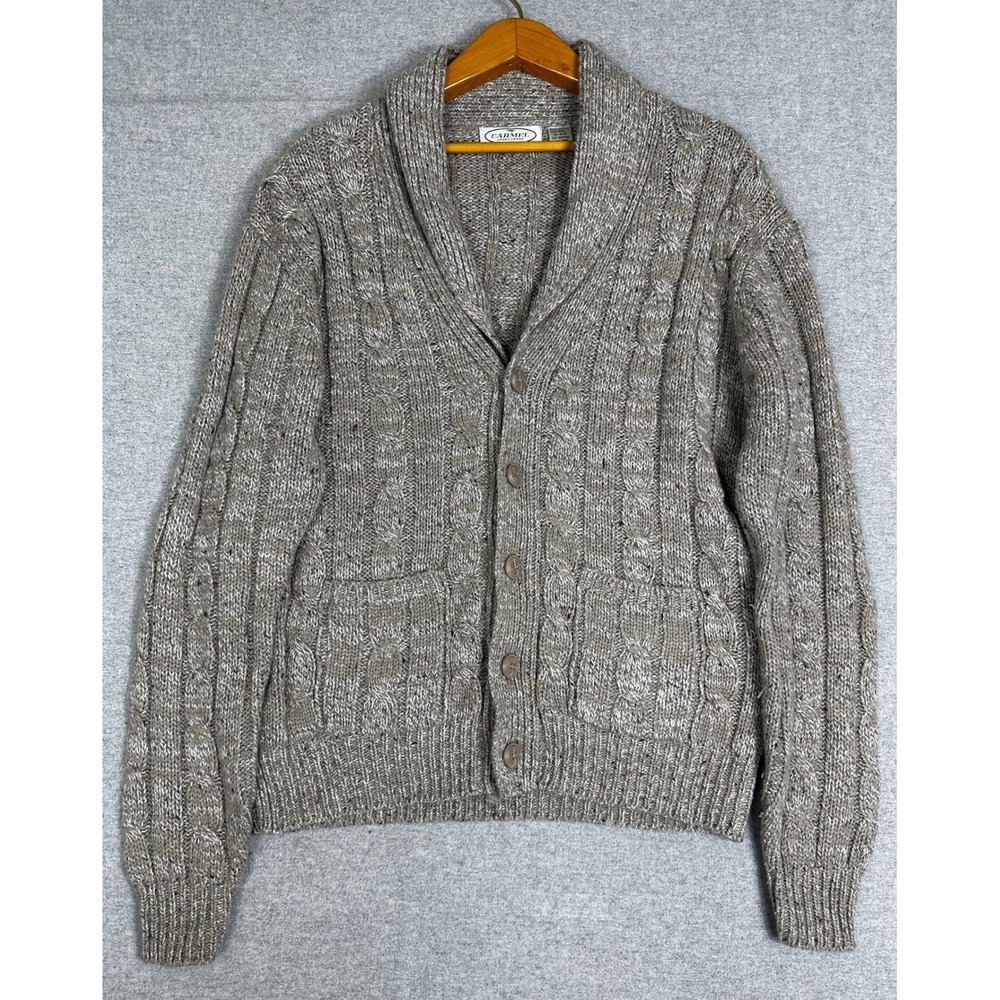 Vintage Wool Cardigan Sweater XL Tan Marled Cable Knit Shawl Collar Wool Blend
